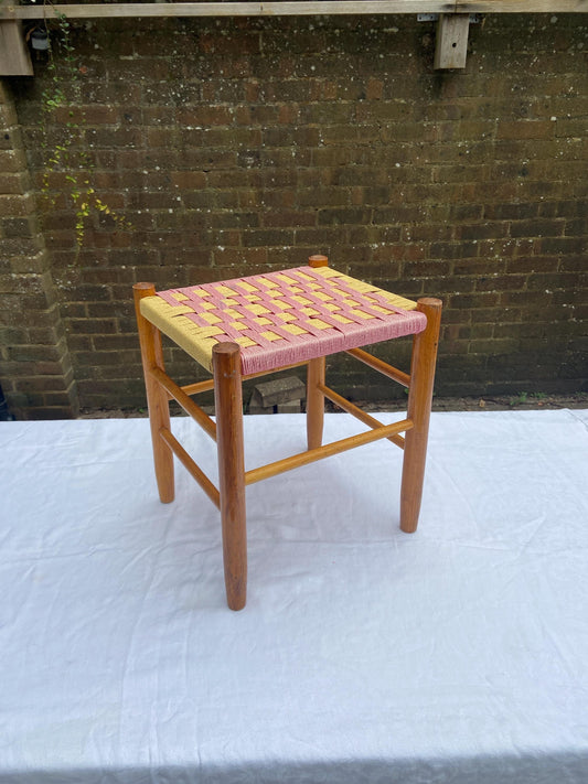 pink and cream retro woven string stool. pine frame. vgc
