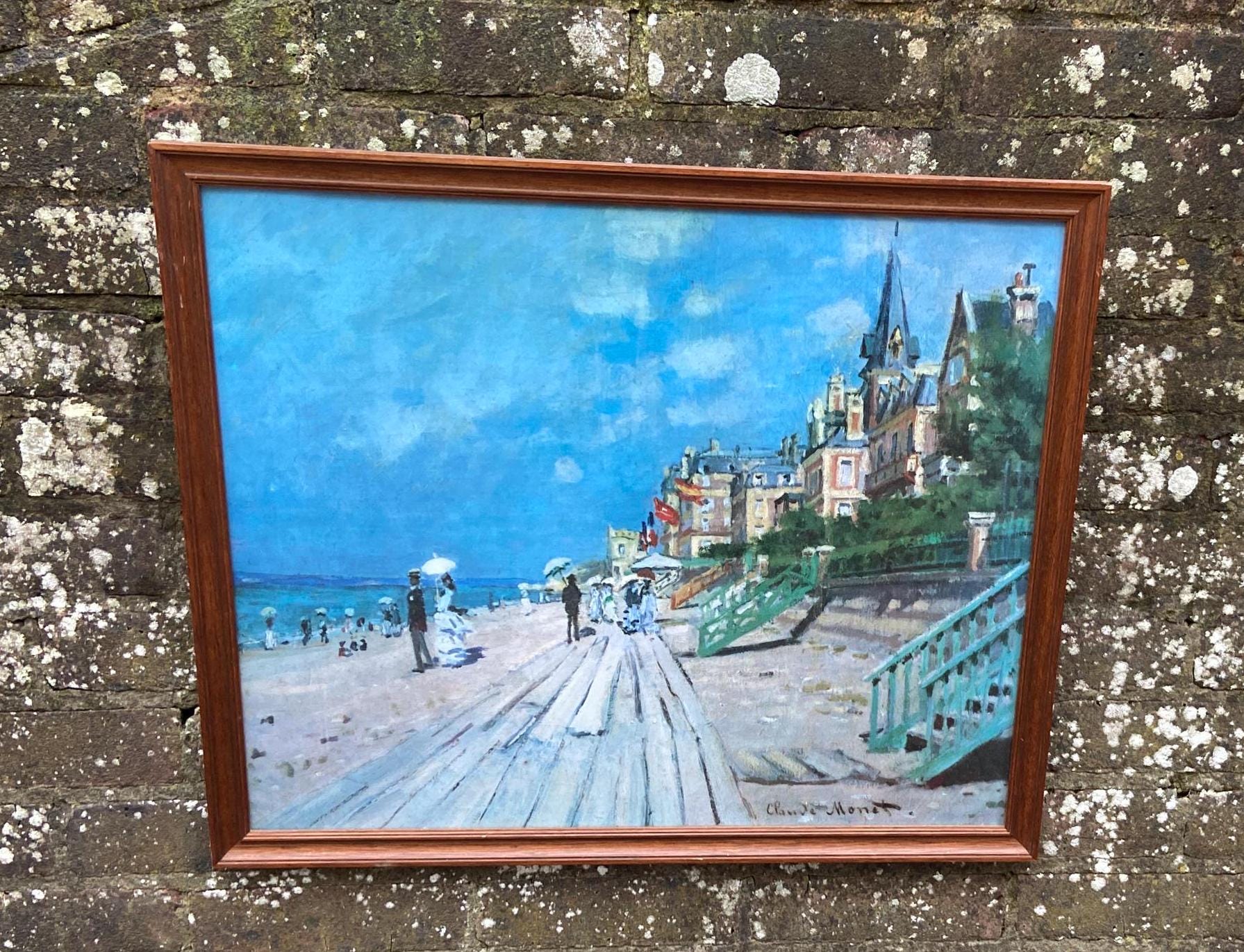 Vintage print in vintage glazed frame. Print is Mnet&#39;s Boardwalk at Trouville. original painted in 1870.