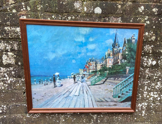 Vintage print in vintage glazed frame. Print is Mnet&#39;s Boardwalk at Trouville. original painted in 1870.
