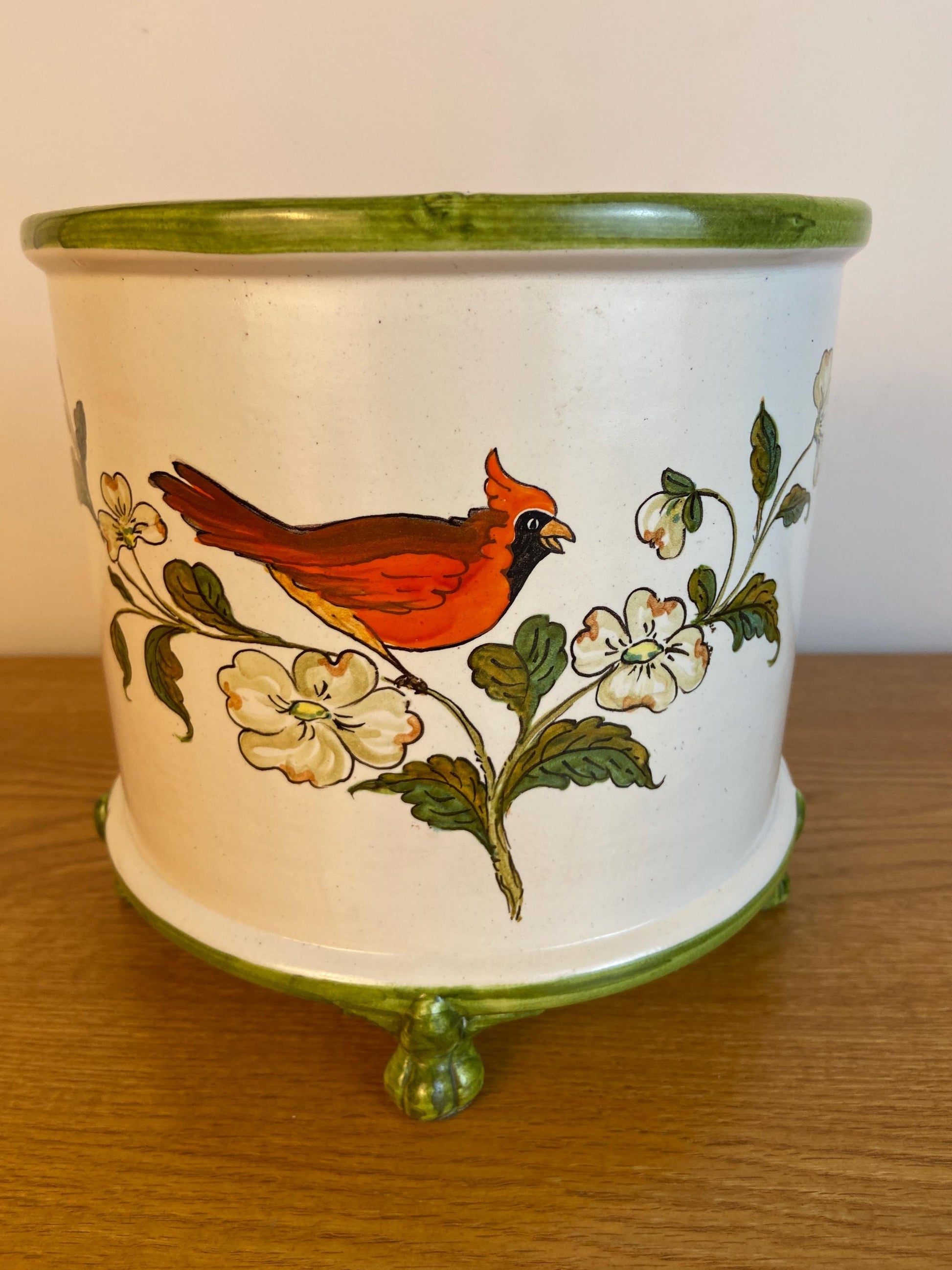 Vintage Bassano Italian handmade and hand painted ceramic Half Planter, Half Plant Pot, with a Red Cardinal bird on it 21cm x 19cm x 14cm