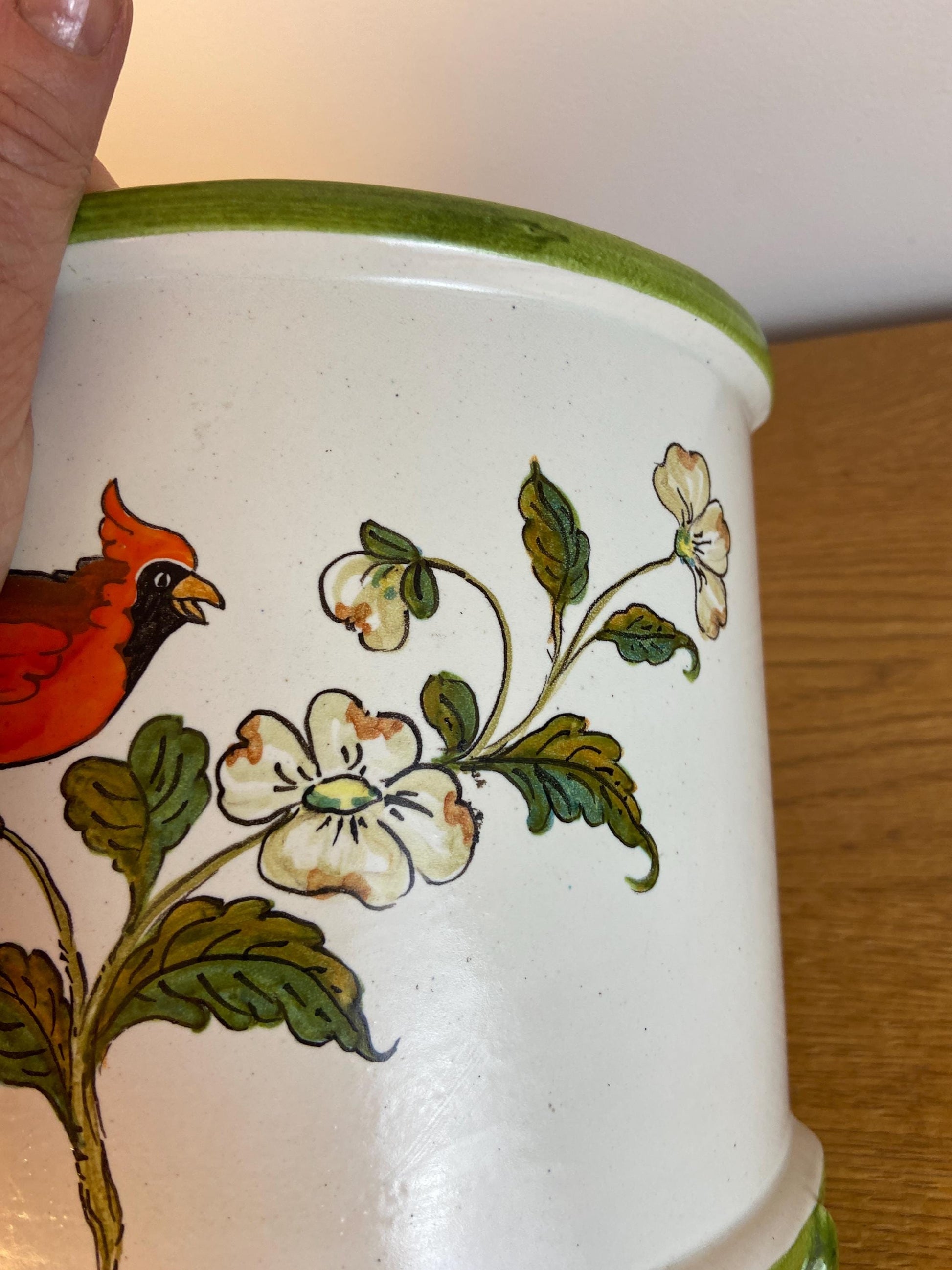 Vintage Bassano Italian handmade and hand painted ceramic Half Planter, Half Plant Pot, with a Red Cardinal bird on it 21cm x 19cm x 14cm