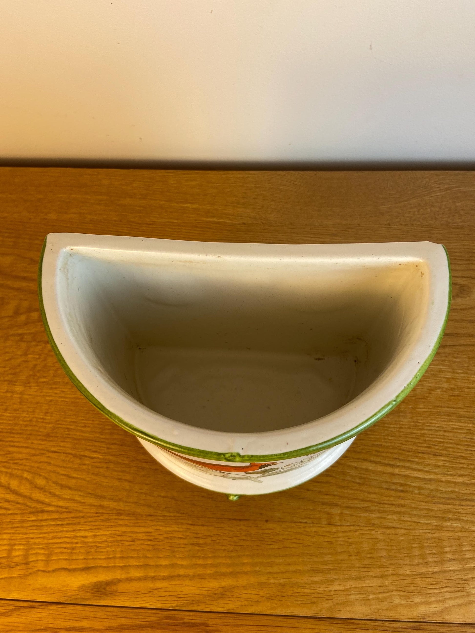 Vintage Bassano Italian handmade and hand painted ceramic Half Planter, Half Plant Pot, with a Red Cardinal bird on it 21cm x 19cm x 14cm
