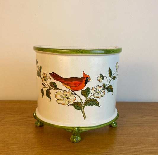 Italian Bassano pottery half planter, pottery plant pot, pottery plantpot; red cardinal painting, hand painted bird