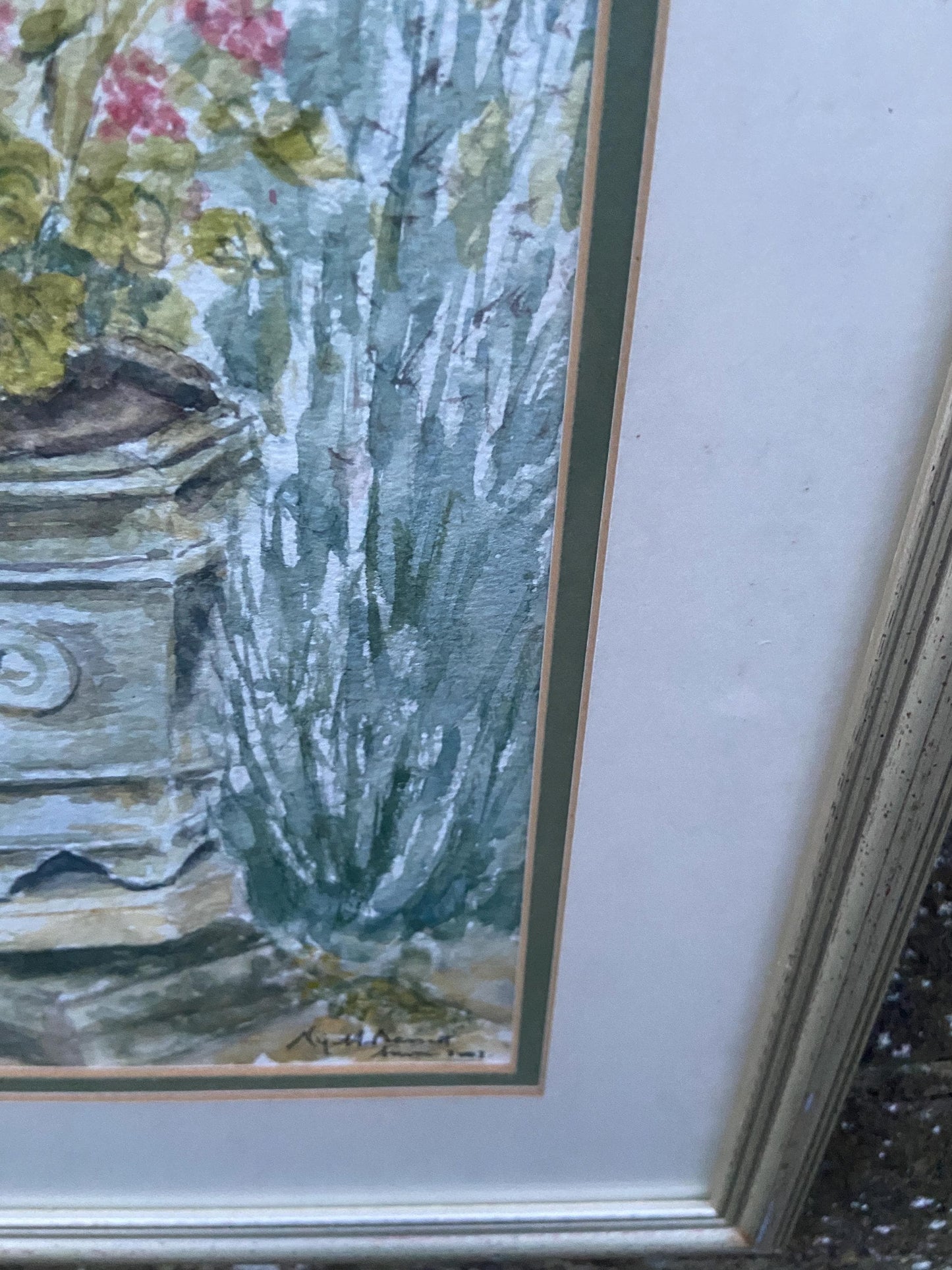 Geraniums in Urn an Original watercolour by Nigel Fox Bassett 2003; professionally mounted and framed.