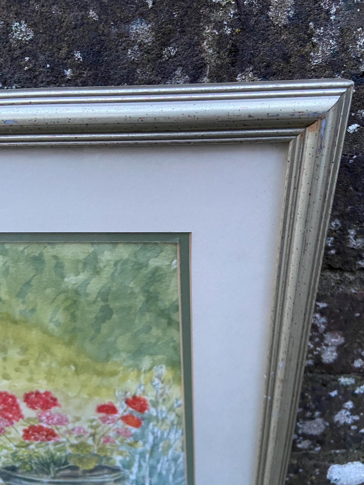 Geraniums in Urn an Original watercolour by Nigel Fox Bassett 2003; professionally mounted and framed.