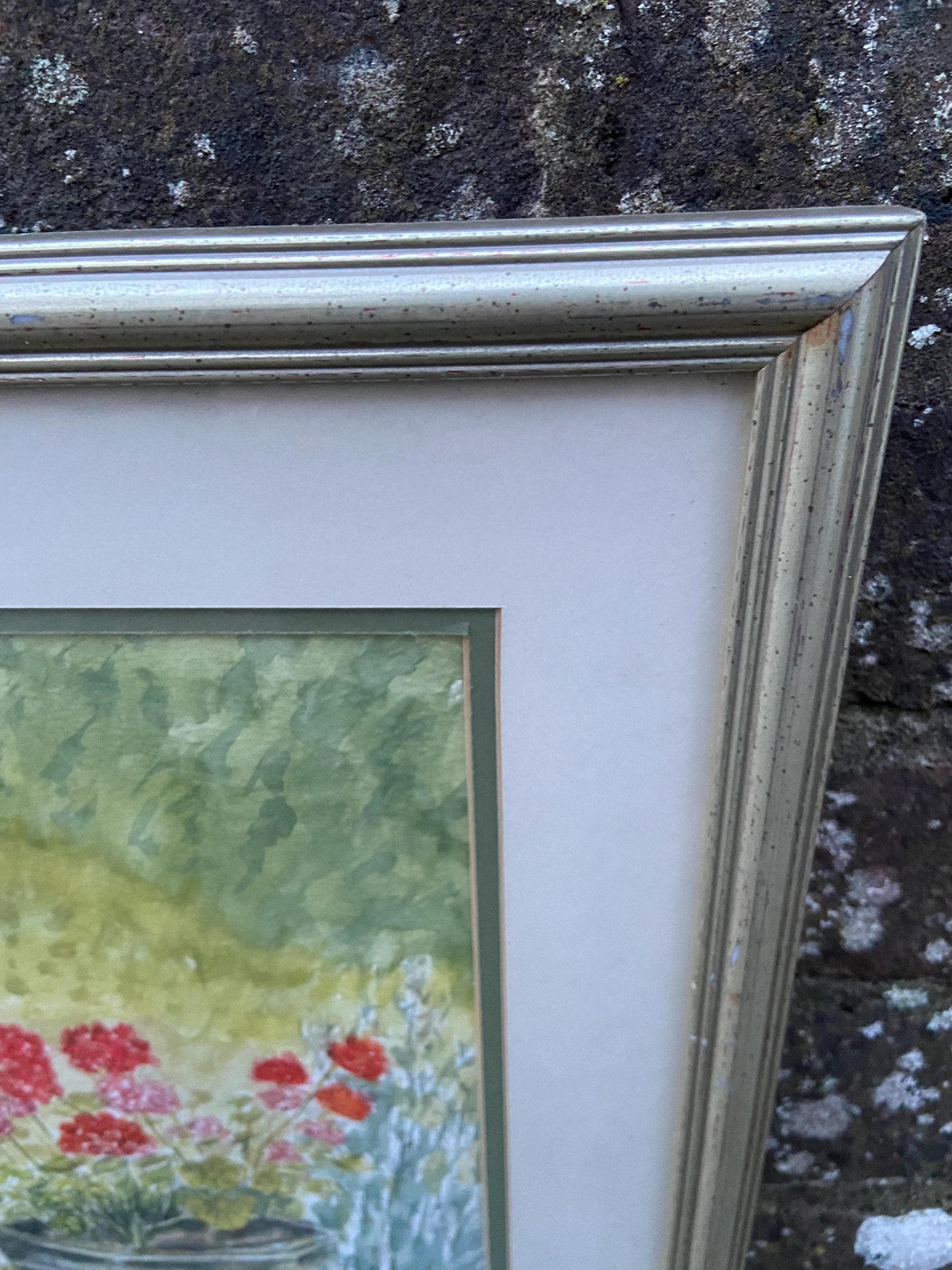 Geraniums in Urn an Original watercolour by Nigel Fox Bassett 2003; professionally mounted and framed.