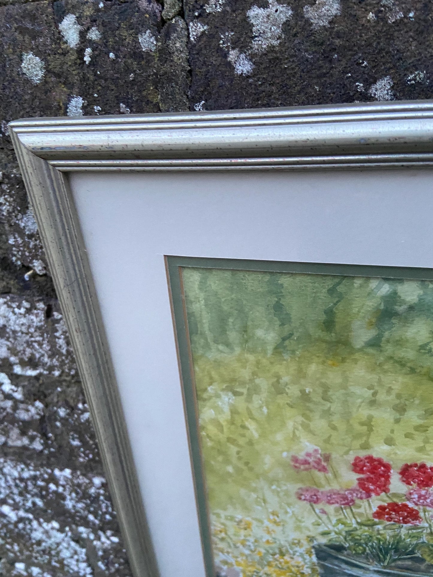 Geraniums in Urn an Original watercolour by Nigel Fox Bassett 2003; professionally mounted and framed.