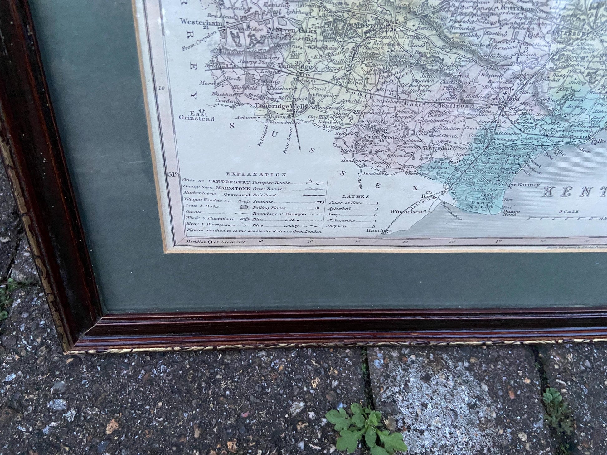 1800s vintage Kent map – hand painted print; drawn and engraved by J Archer Pentonville, London