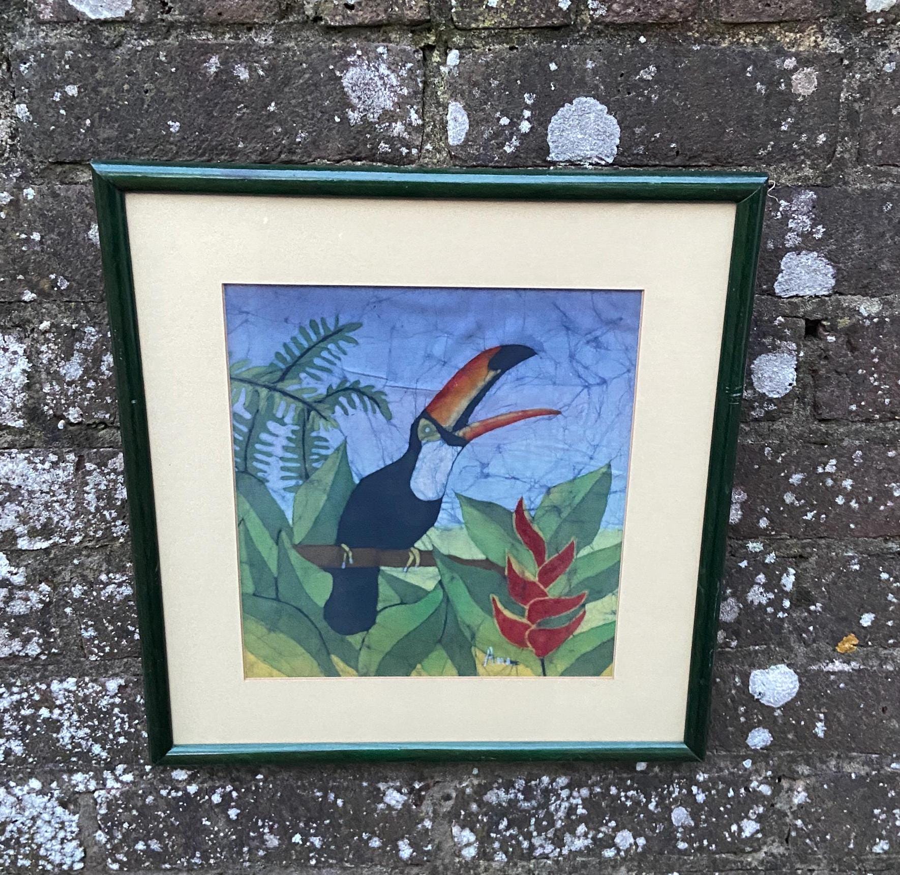 batik silk painting. toucan in jungle. toucan in paradise. framed batik. bird paradise.