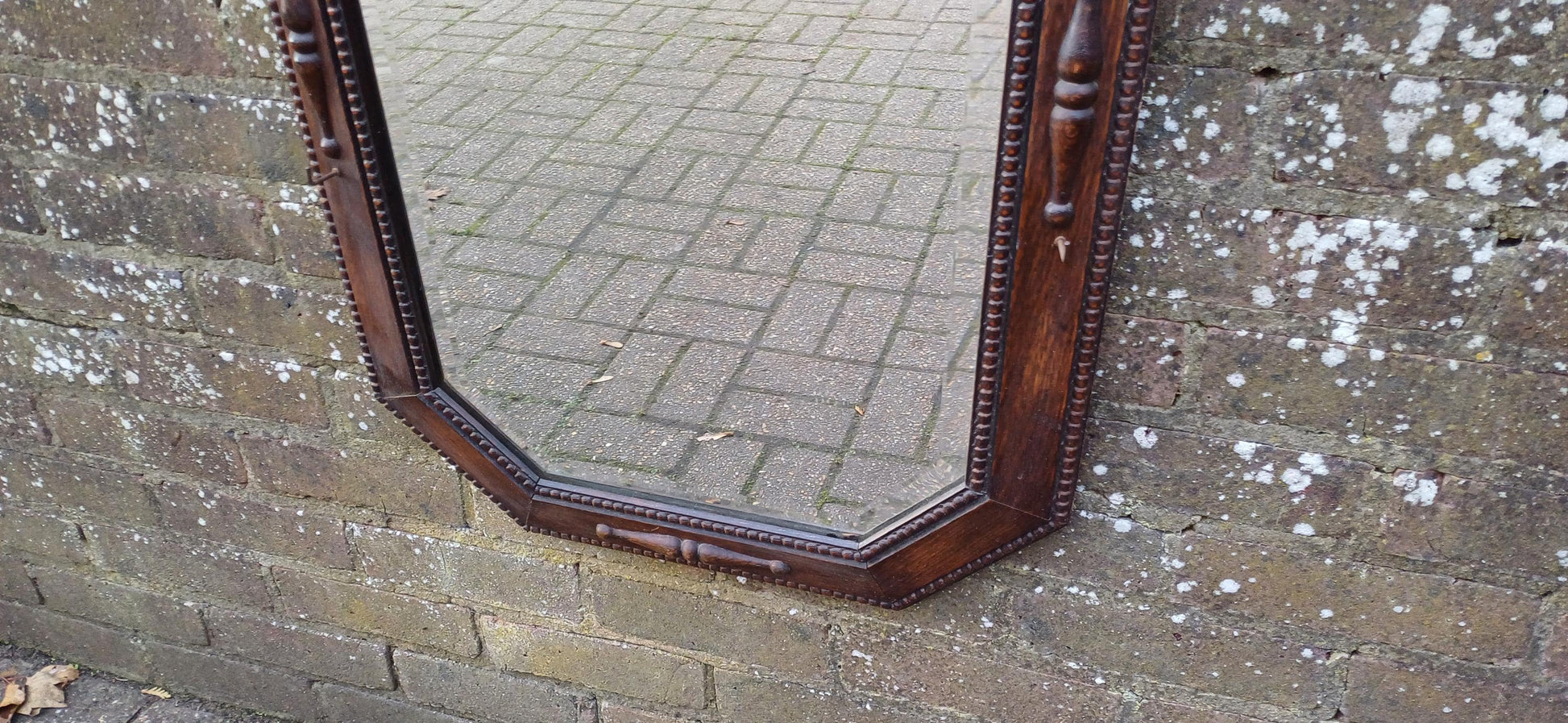 Large Vintage Oak Hexagonal Wall Mirror with Bevelled Glass and Two Small Hooks – Functional Retro Decor