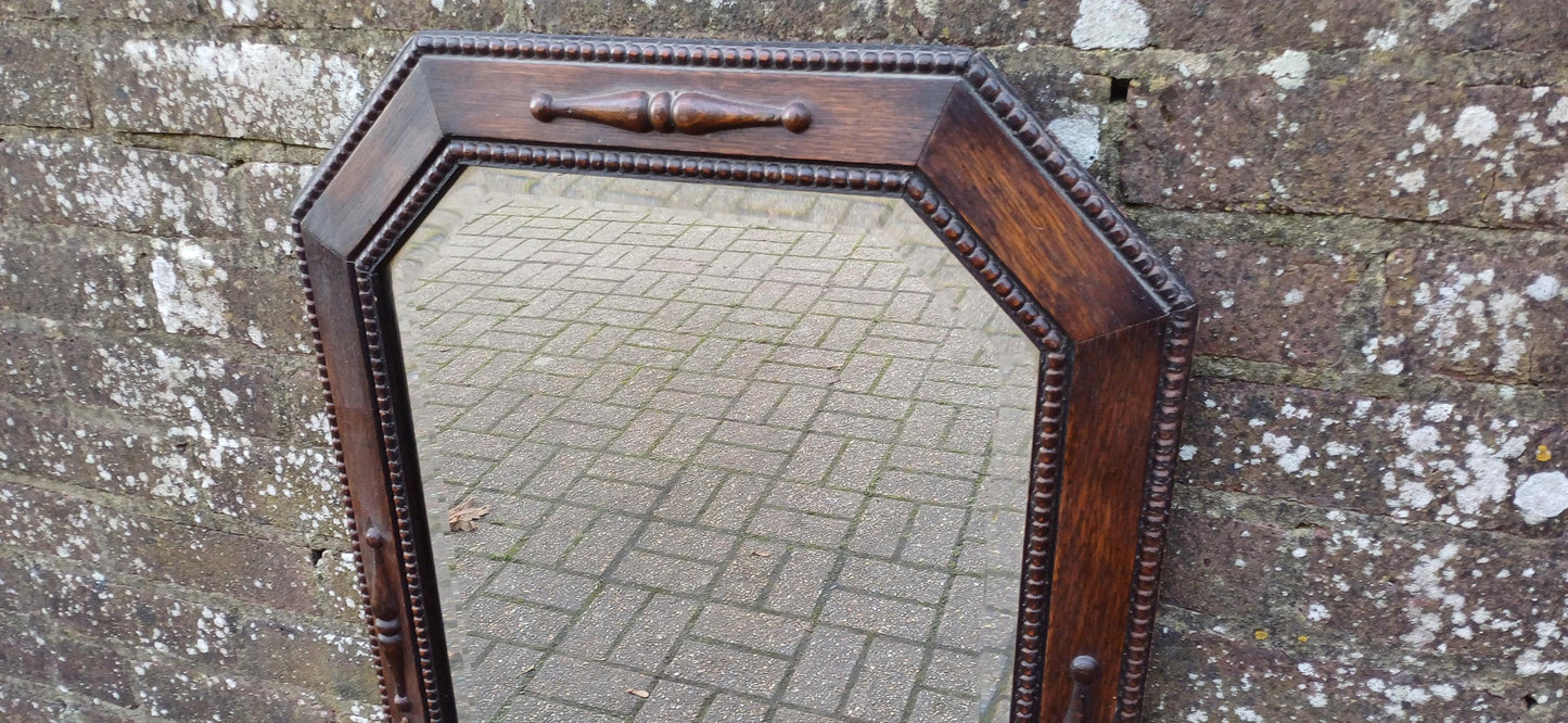 Large Vintage Oak Hexagonal Wall Mirror with Bevelled Glass and Two Small Hooks – Functional Retro Decor