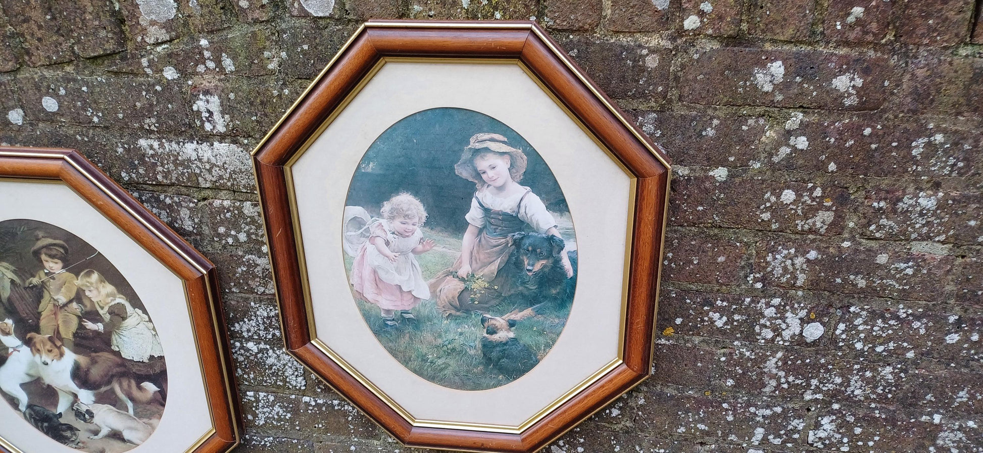 Splendid Very Large Pair of 1980s Vintage Wooden Stained Hexagonal Picture Frames with Glazing and Mounts Traditional Vintage Prints