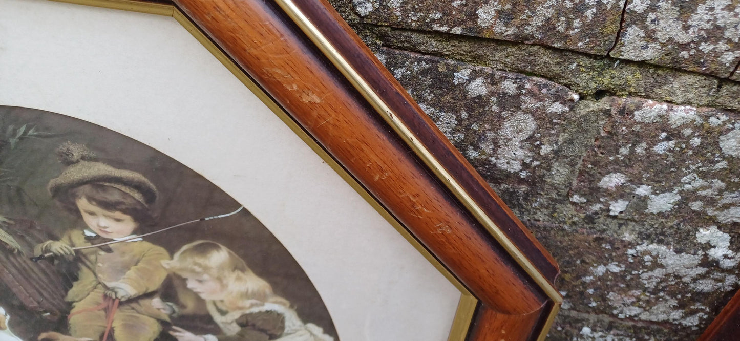 Splendid Very Large Pair of 1980s Vintage Wooden Stained Hexagonal Picture Frames with Glazing and Mounts Traditional Vintage Prints