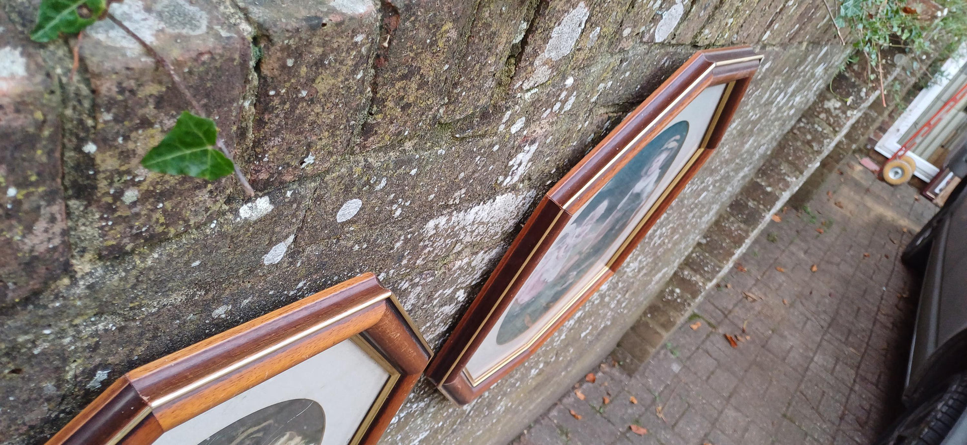 Splendid Very Large Pair of 1980s Vintage Wooden Stained Hexagonal Picture Frames with Glazing and Mounts Traditional Vintage Prints