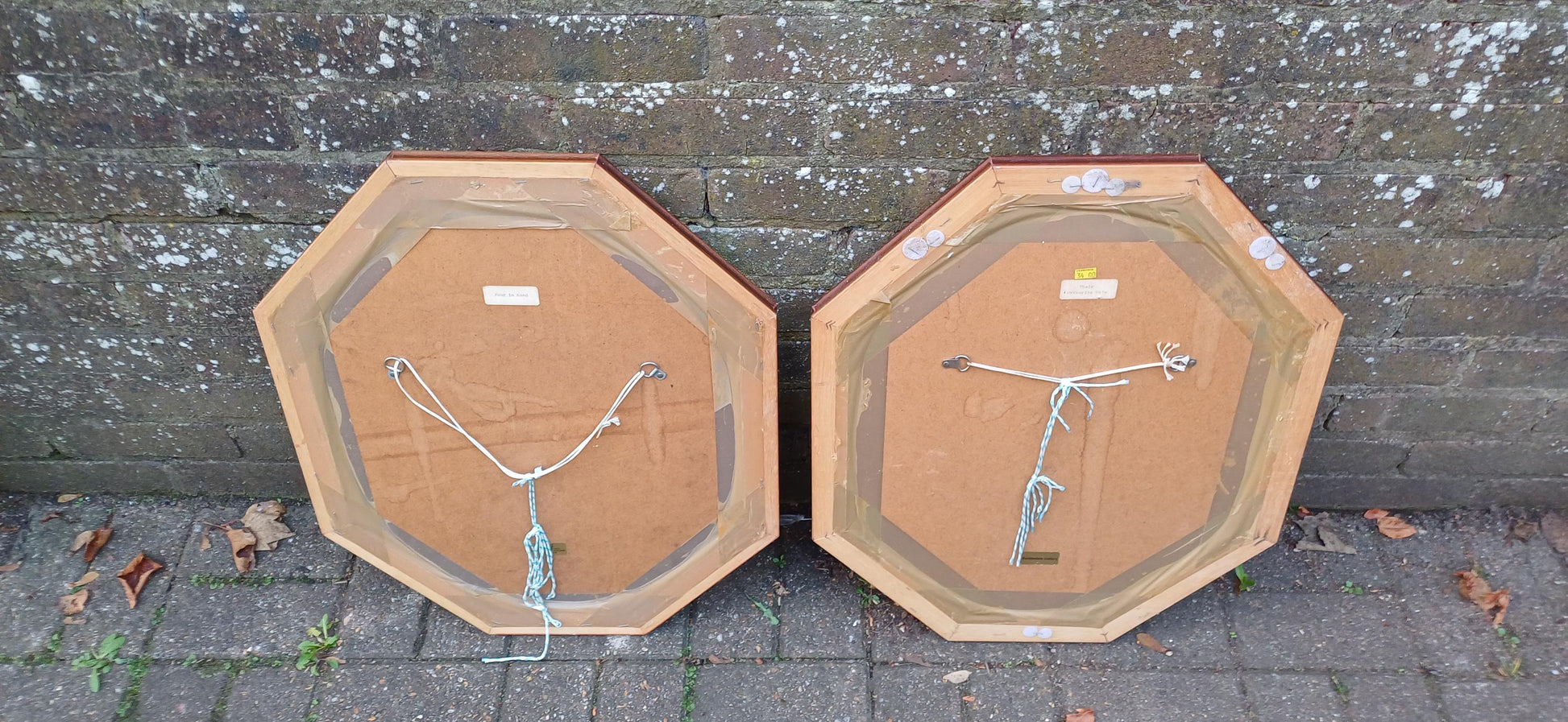 Splendid Very Large Pair of 1980s Vintage Wooden Stained Hexagonal Picture Frames with Glazing and Mounts Traditional Vintage Prints