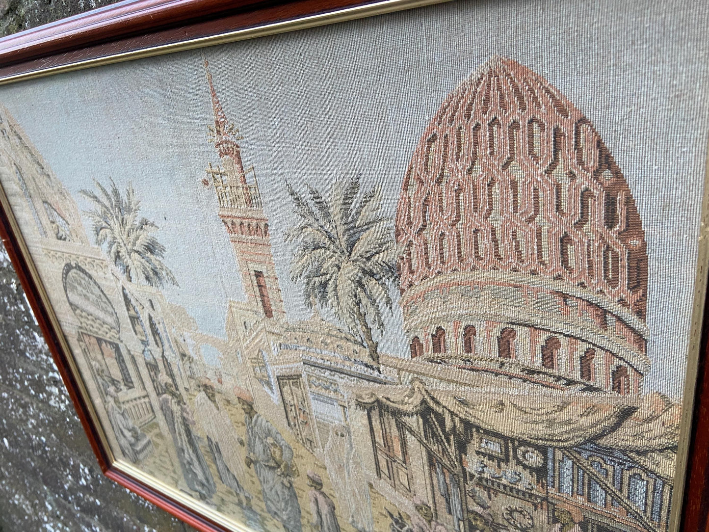 Tapestry vintage of North African Town scene, outstanding large needlework. 1930s tapestry in a 1990 glazed wooden frame (70cm x 54cm)