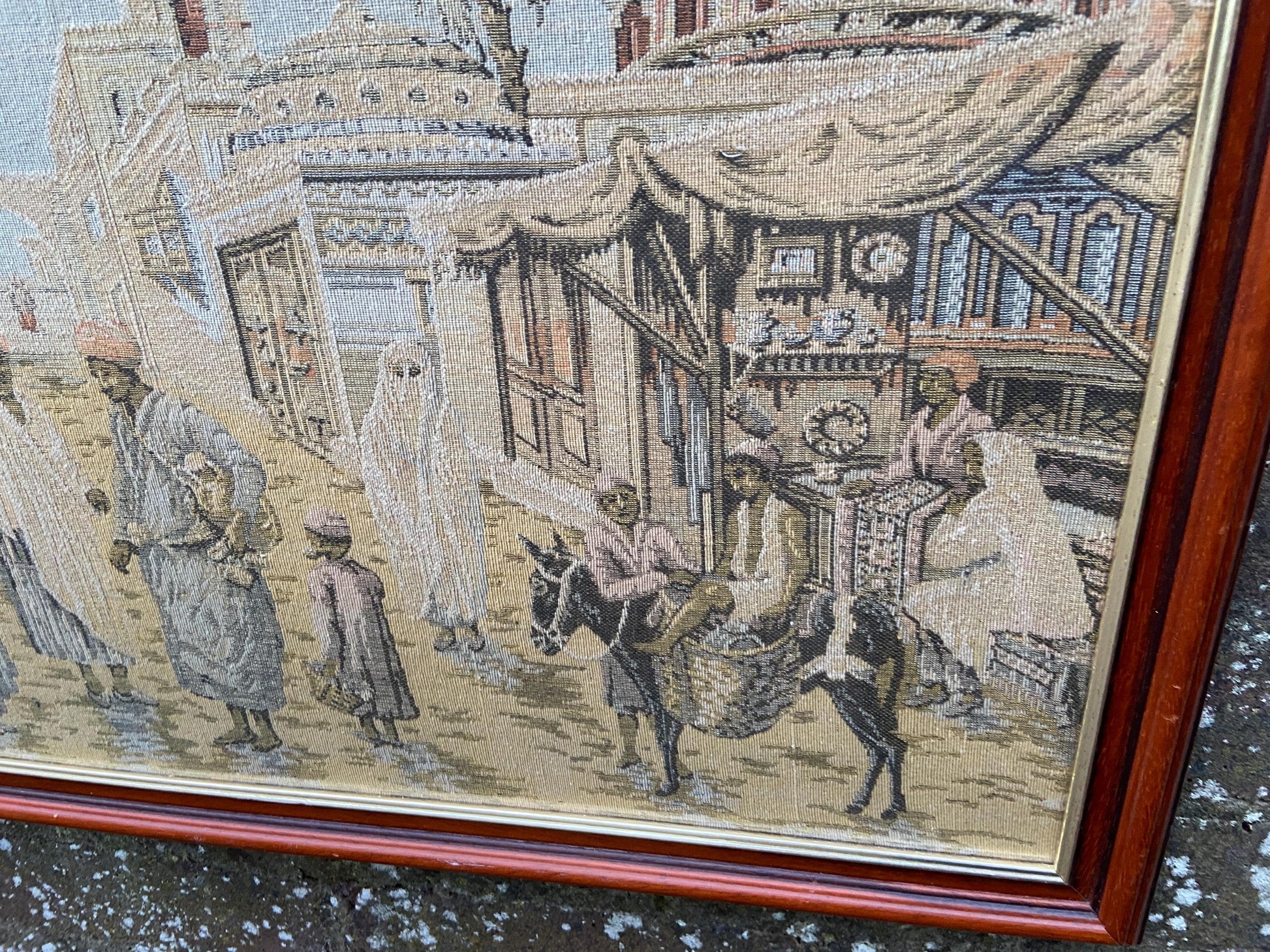 Tapestry vintage of North African Town scene, outstanding large needlework. 1930s tapestry in a 1990 glazed wooden frame (70cm x 54cm)