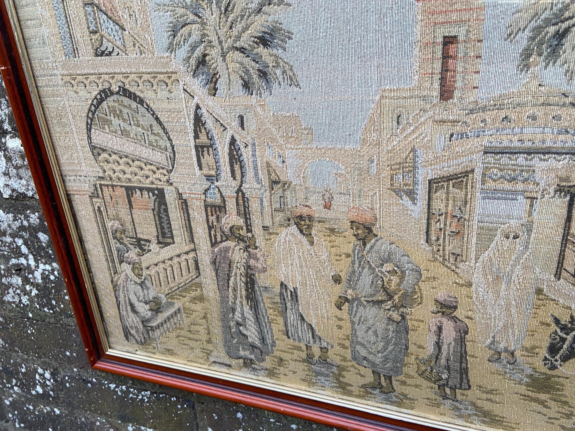 Tapestry vintage of North African Town scene, outstanding large needlework. 1930s tapestry in a 1990 glazed wooden frame (70cm x 54cm)