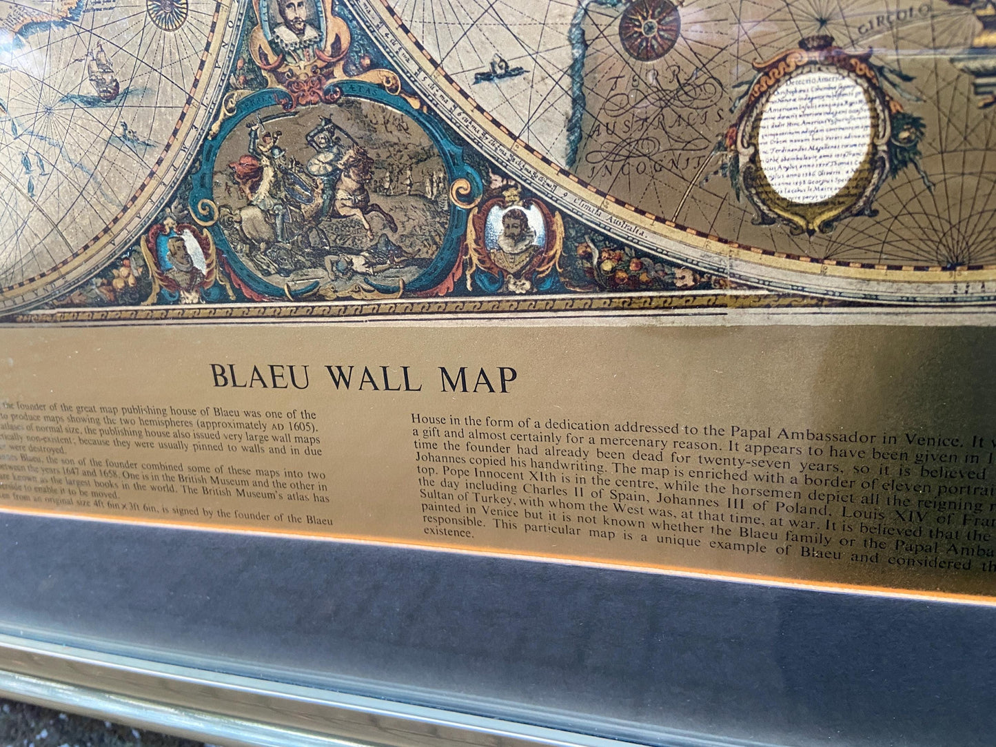 Blaeu Wall Map Vintage Print - authentic print with metallic detail in vintage frame