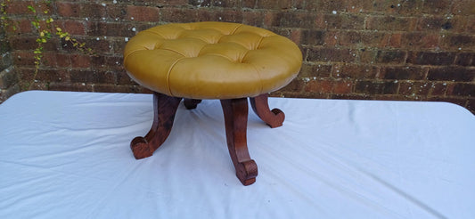 Cracking Vintage Early to Mid-Century Oak Stool Footstool Pouffe with Cushioned Gold Leatherette