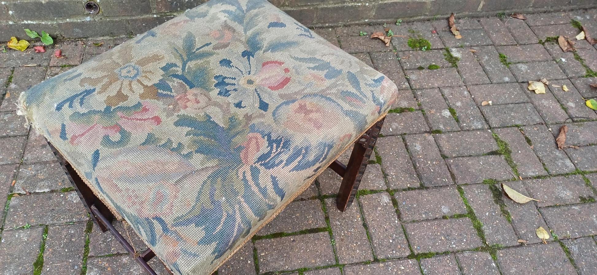 Antique Mahogany Stool with Tapestry Seat, Ornate Carved Details & Fretwork Accents – Elegant Vintage Vanity Piece Age Worn