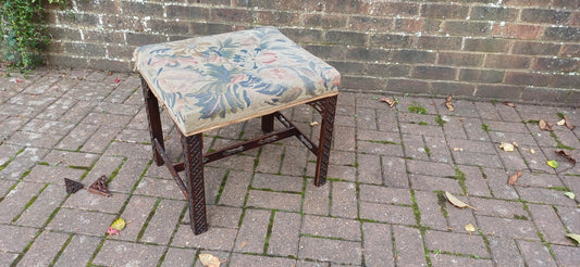 Antique Mahogany Stool with Tapestry Seat, Ornate Carved Details & Fretwork Accents – Elegant Vintage Vanity Piece Age Worn