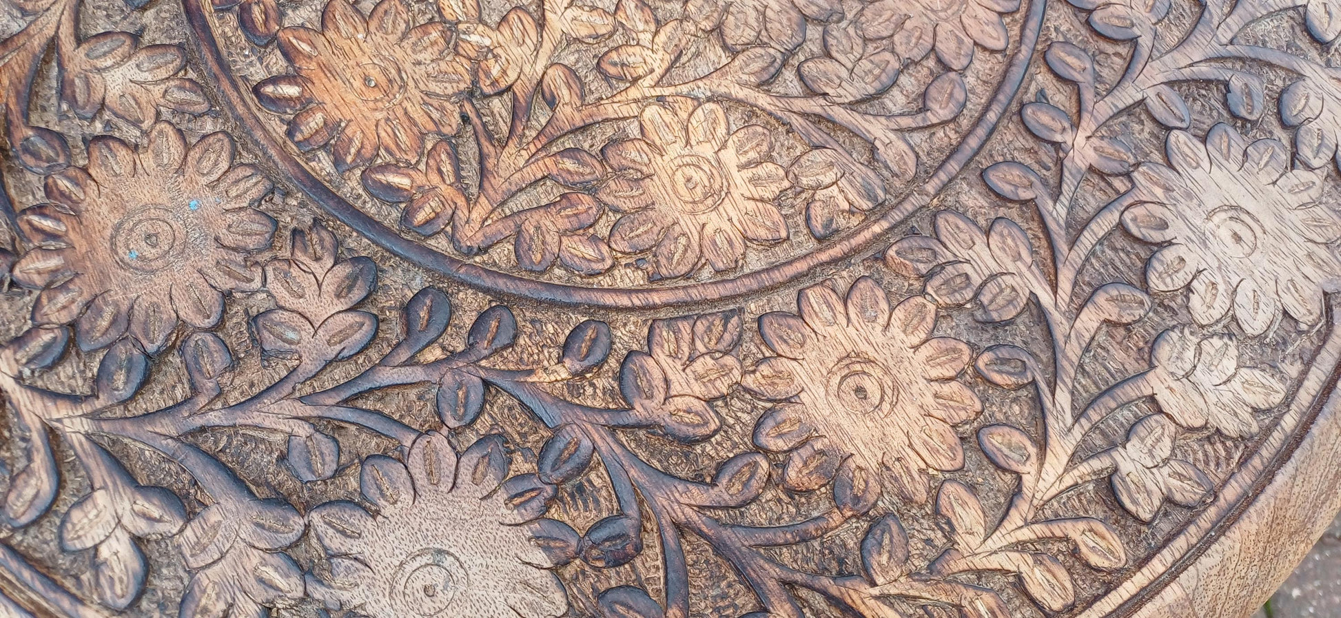 Beautiful Hand-Carved Middle Eastern Round Side Table – Vintage, Age-Worn Accent for Wine, Bedside, or Occasional Use Benares Style