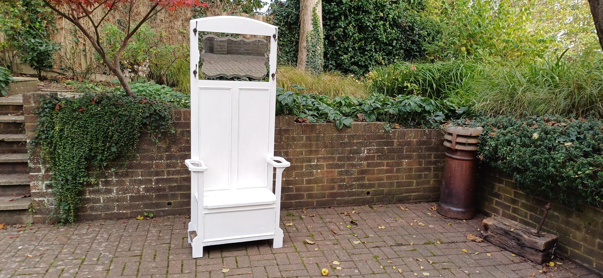Vintage Retro Painted Mid Century Coat Stand with Farrow & Ball Finish Bevelled Mirror Built-In Storage Seat Umbrella Stand.