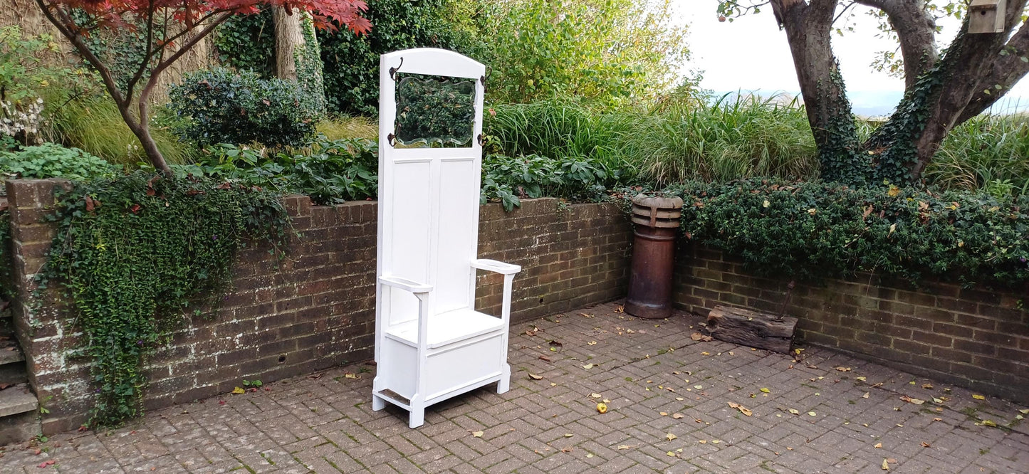 Vintage Retro Painted Mid Century Coat Stand with Farrow & Ball Finish Bevelled Mirror Built-In Storage Seat Umbrella Stand.