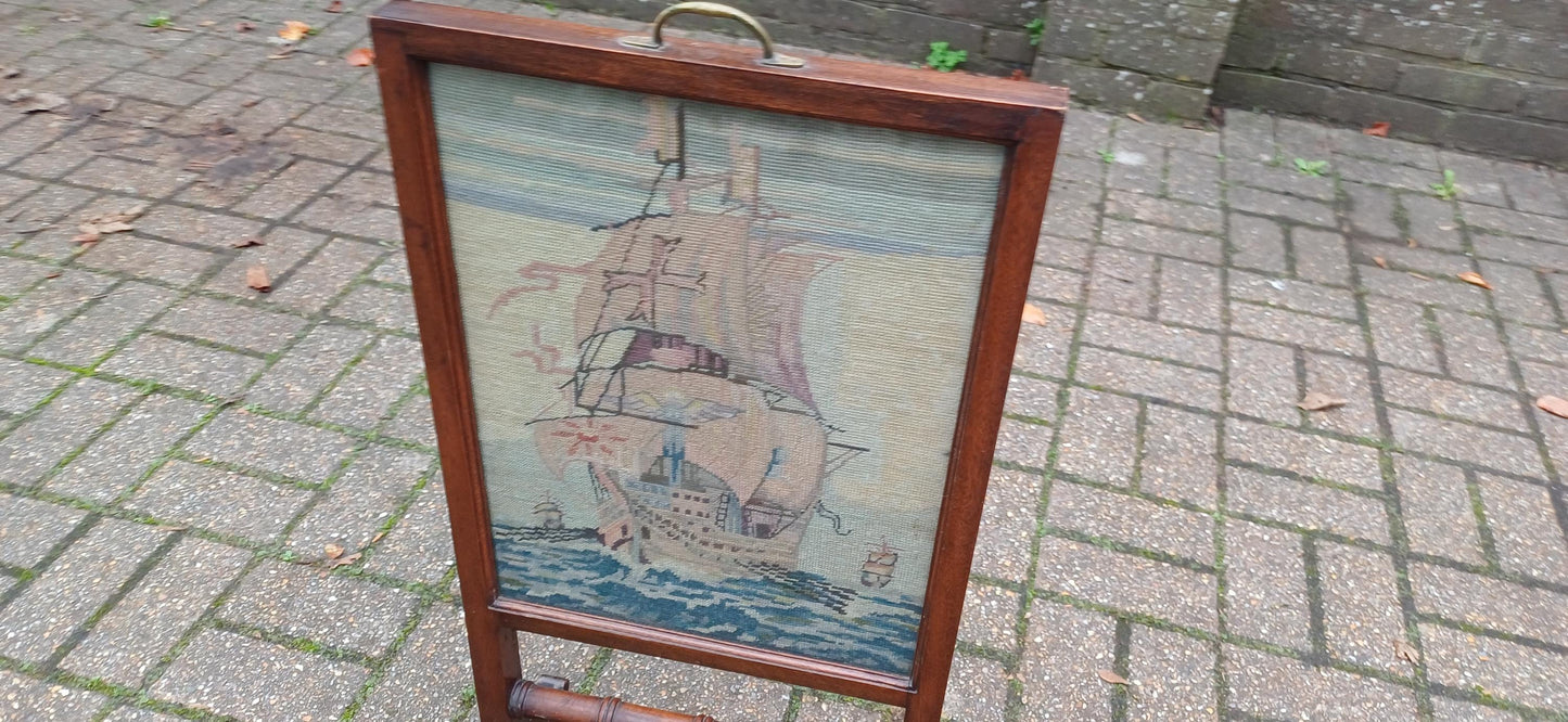 Stunning Top Quality Mahogany Glazed Fire Screen with Galleon Tapestry Unusually Thin Perfect for Smaller Fireplace.