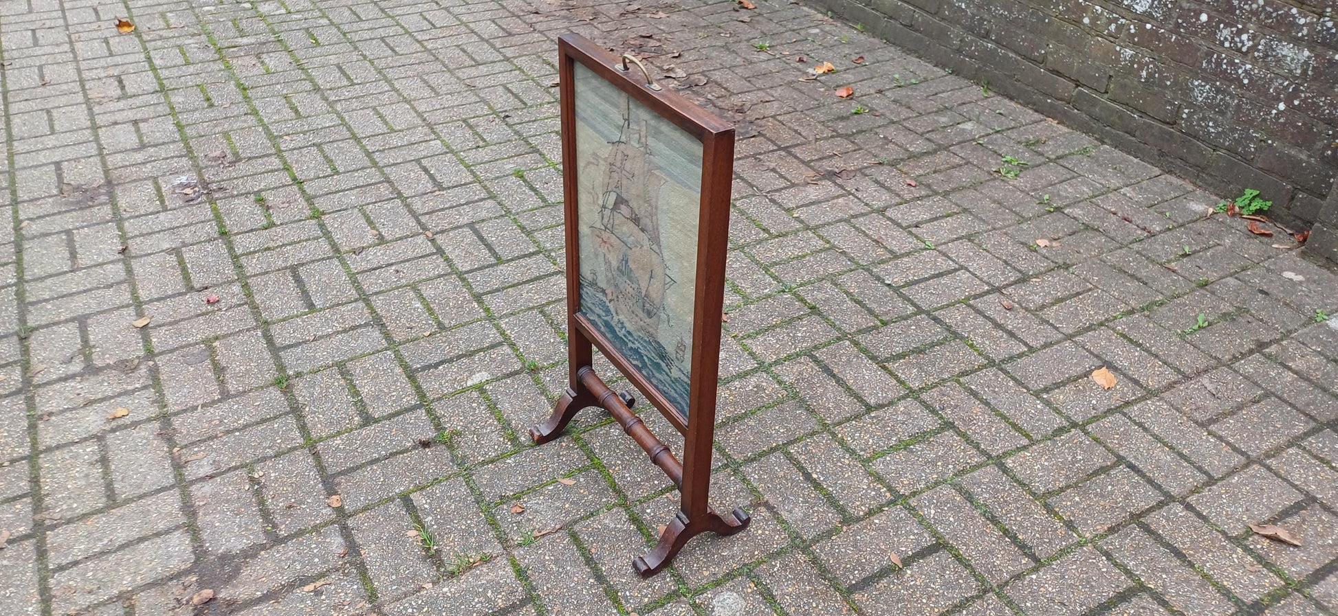 Stunning Top Quality Mahogany Glazed Fire Screen with Galleon Tapestry Unusually Thin Perfect for Smaller Fireplace.