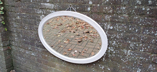 Striking Large Vintage Oval Wall Mirror with Beveled Glass – Painted White Frame