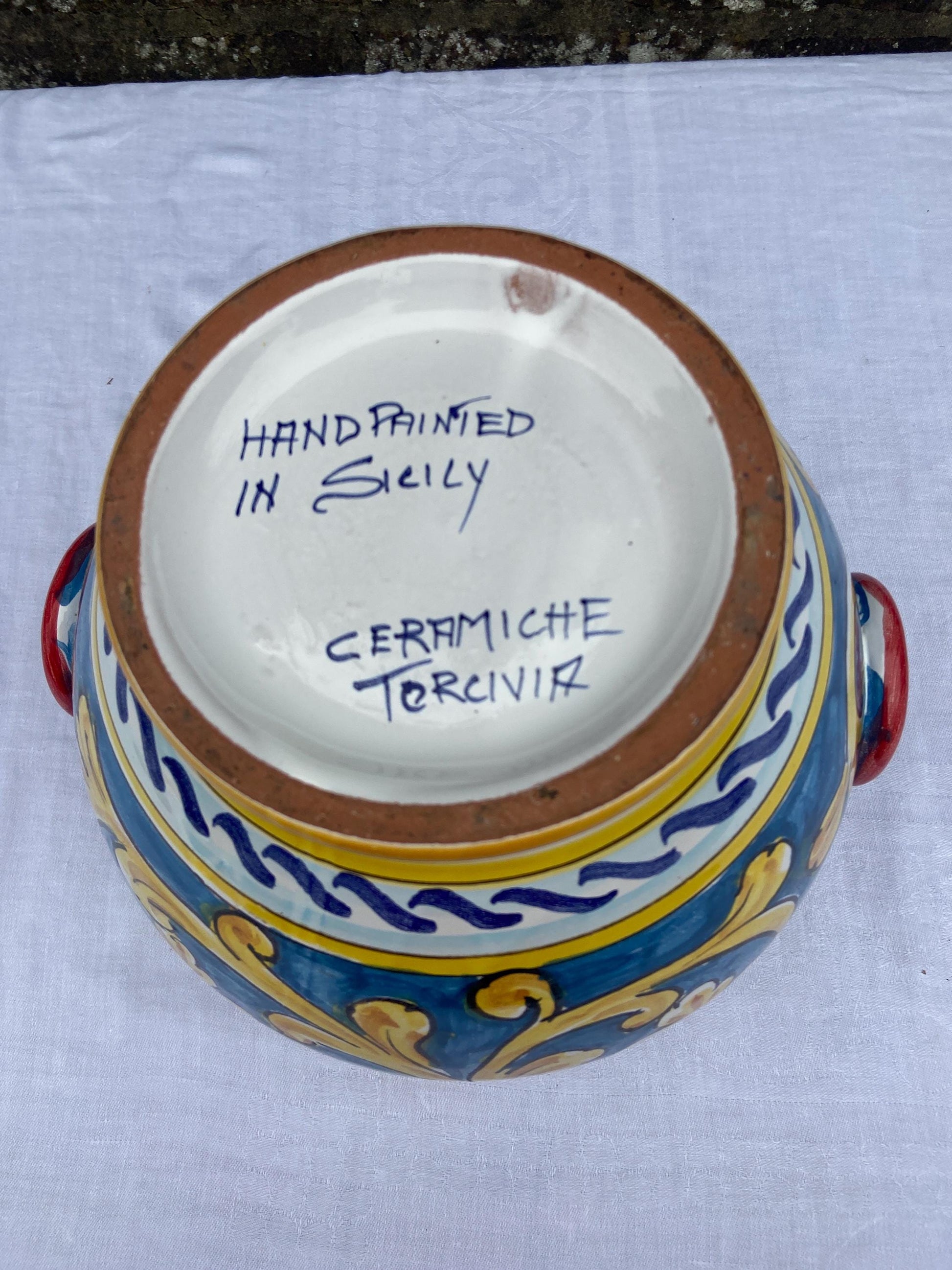 Hand painted and handmade vintage Sicilian Pottery Planter, Jardiniere Large