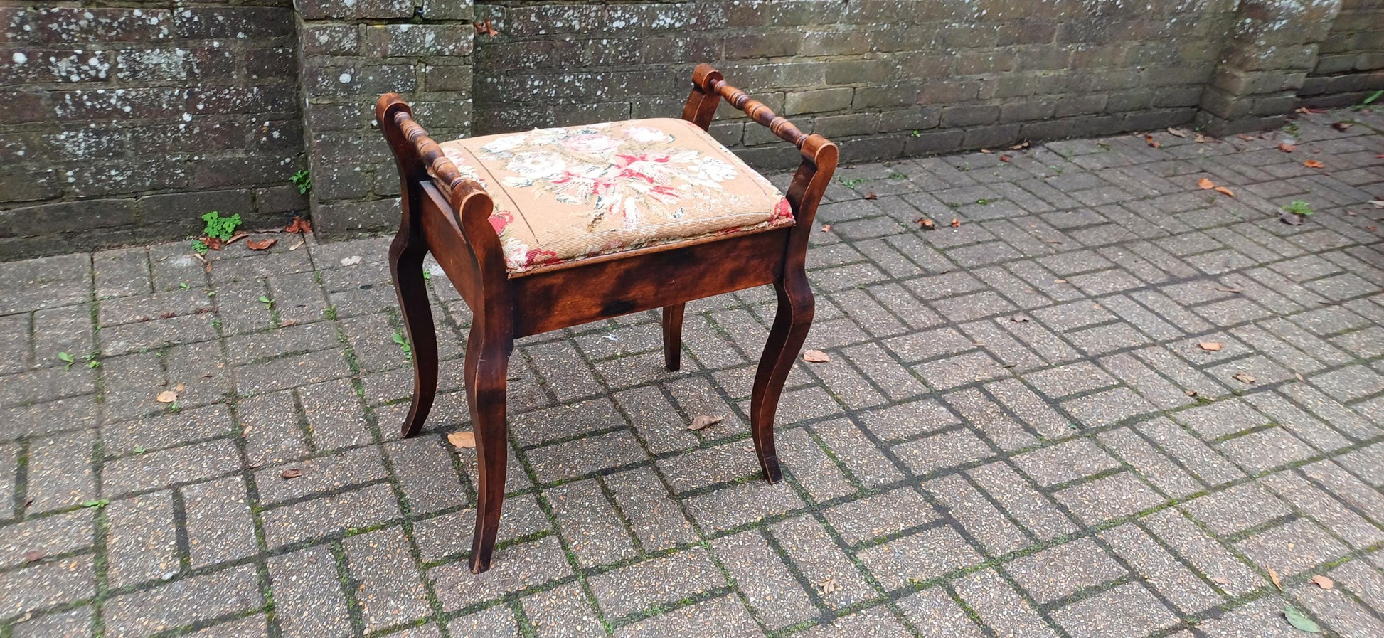 Beautiful Classy Vintage Upholstered Piano Stool | Inner Compartment & Aged Still Life Tapestry | Elegant Antique Storage Seat