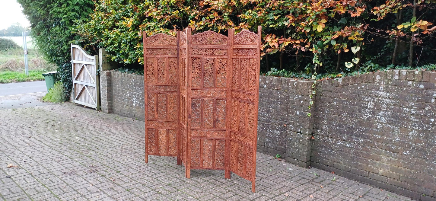 Huge Top Quality 70s/80s Carved Folding Screen Room Divide Grapevine & Middle Eastern Motif Heavy Vintage Room Divider FREE HAND DELIVERY