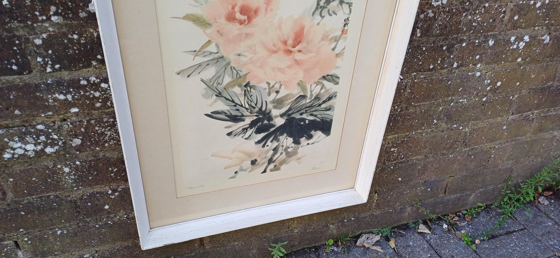 Retro Cheng wu Fei framed lithograph of Peony, 1959, printed by Frost & Reed, London; Chinese art in retro wooden frame (51.5cm x 82.5cm)