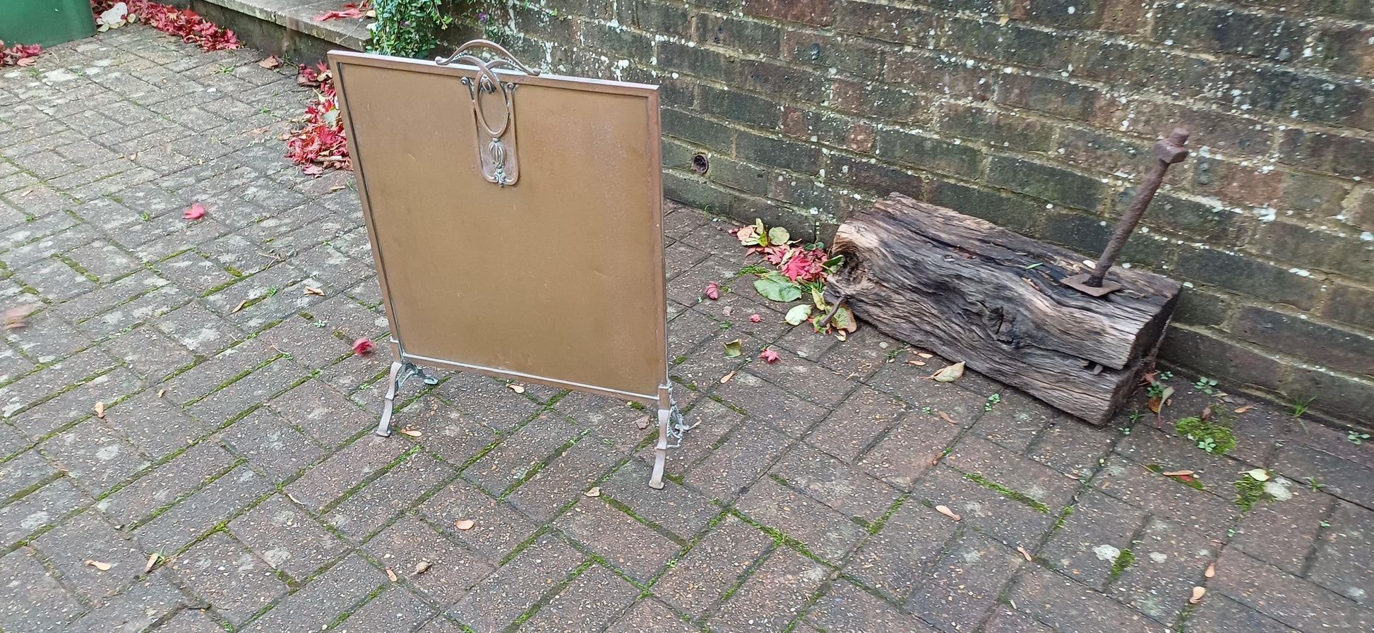 Art Nouveau Freestanding Vintage Brass Fire Screen - Antique Fireplace Decor