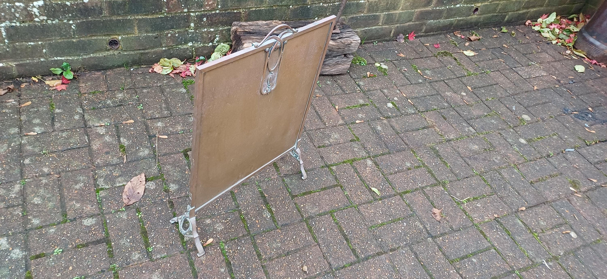 Art Nouveau Freestanding Vintage Brass Fire Screen - Antique Fireplace Decor