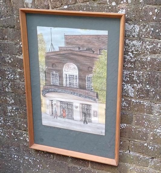 naive pencil pastel drawing of Sadler&#39;s Wells in London. Famous for ballet.  Lovely vintage wooden frame.