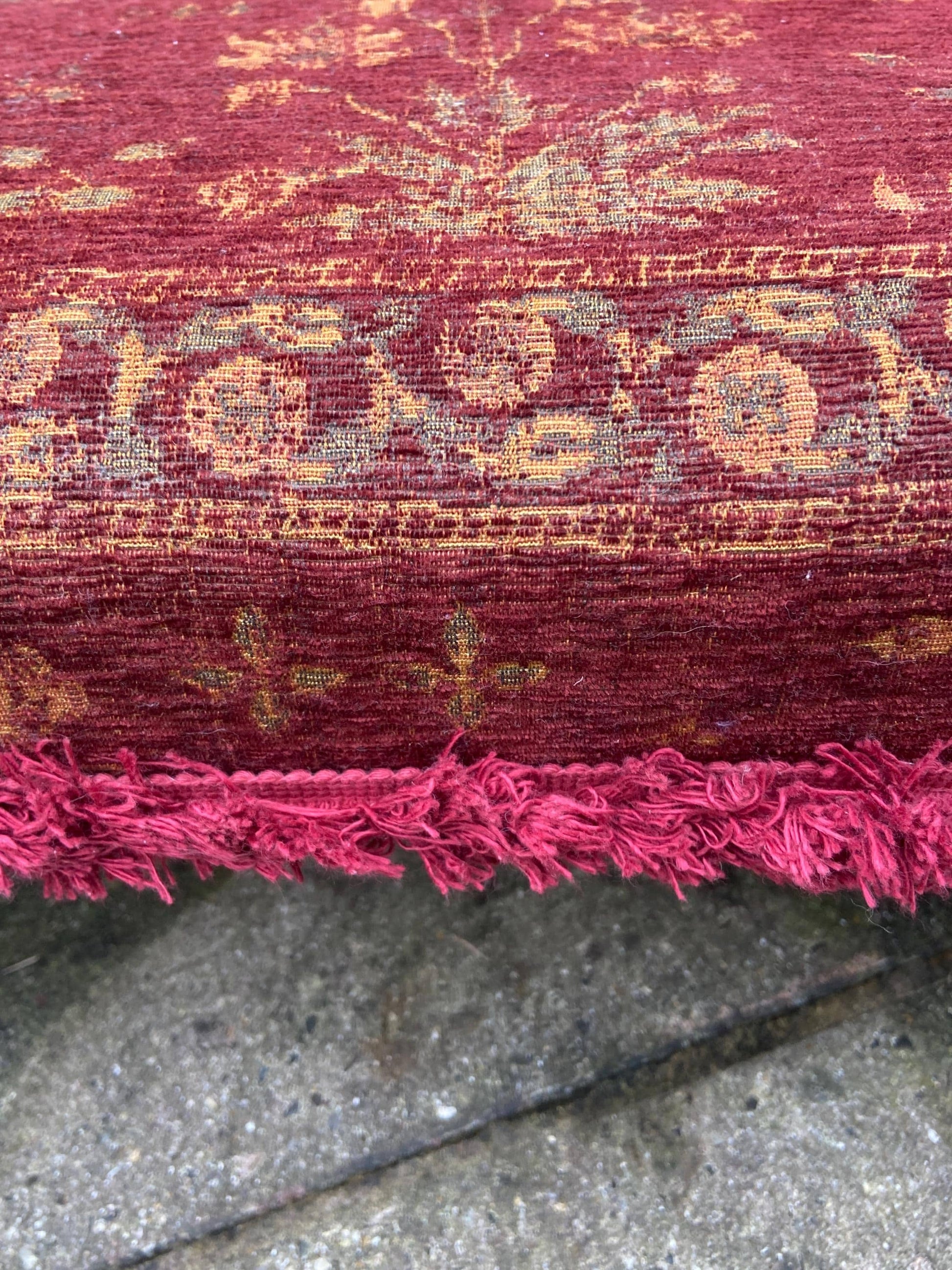 Retro upholstered foot stool - authentic vintage stool with tapestry type upholstery and turned legs (60cm x 23cm x 29cm)