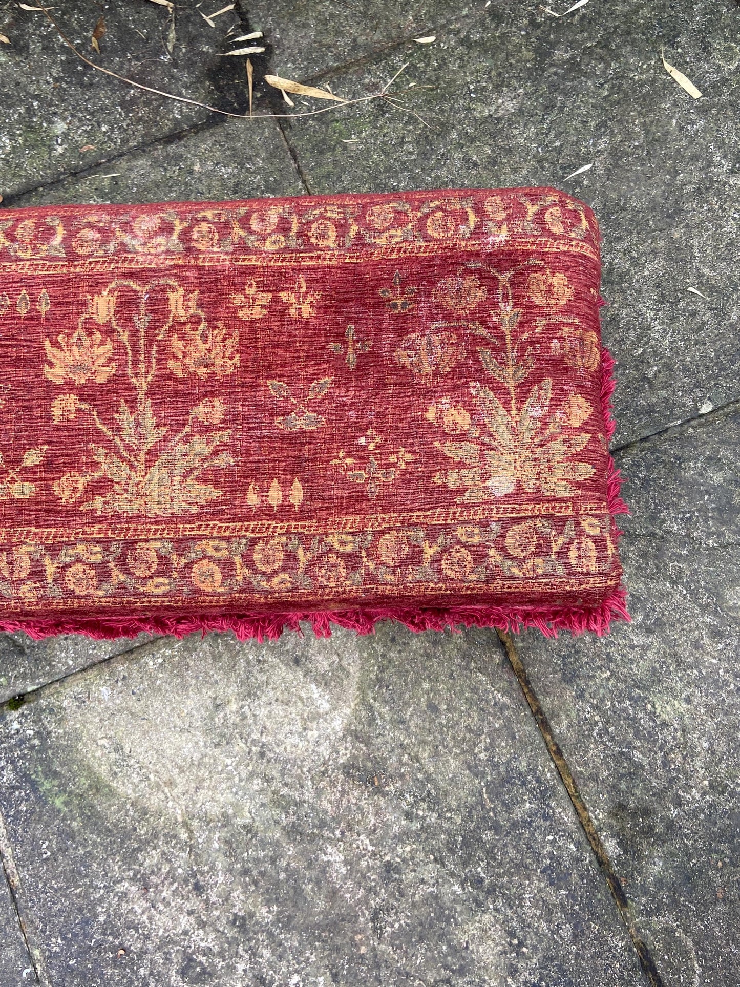 Retro upholstered foot stool - authentic vintage stool with tapestry type upholstery and turned legs (60cm x 23cm x 29cm)