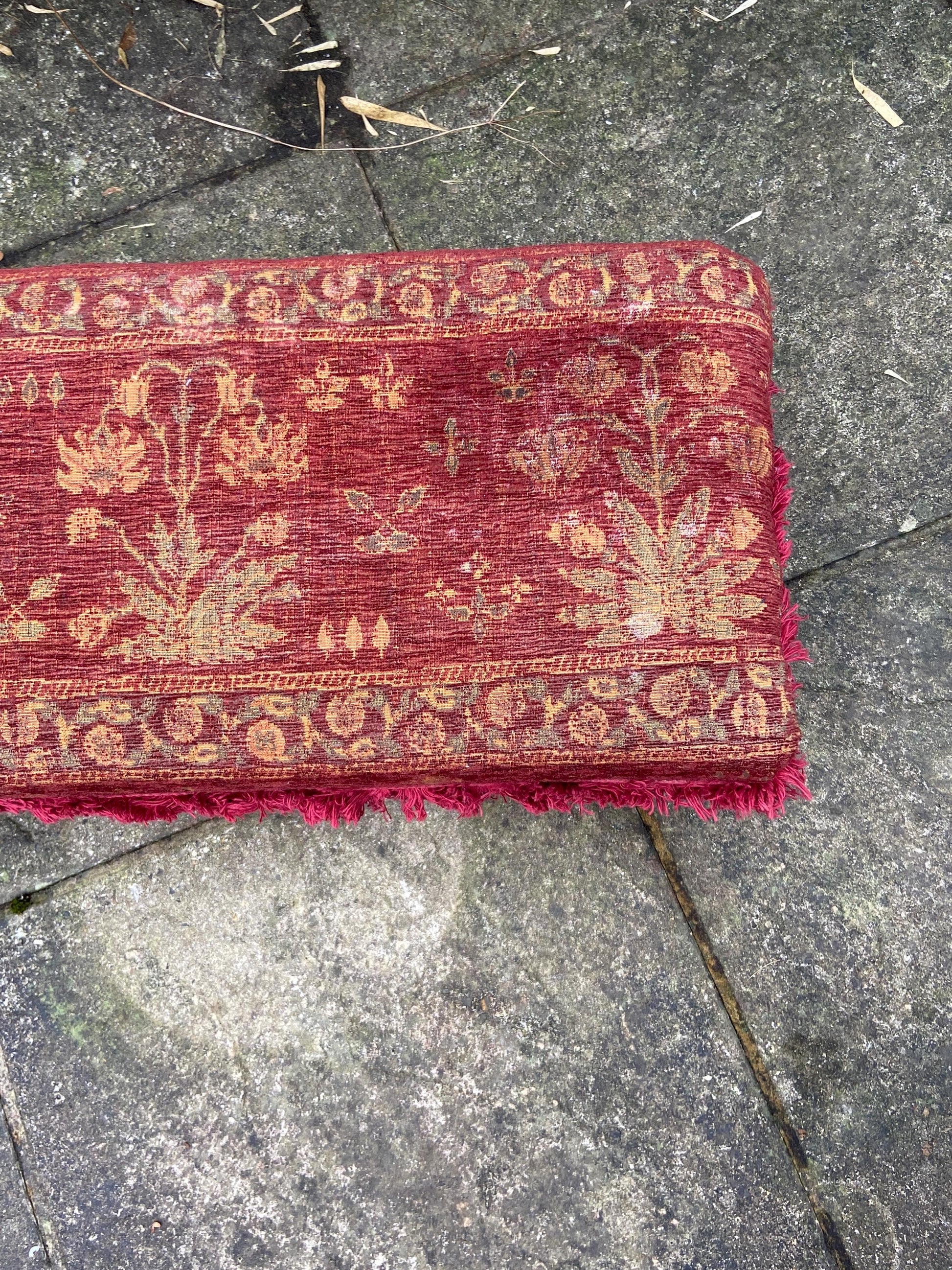Retro upholstered foot stool - authentic vintage stool with tapestry type upholstery and turned legs (60cm x 23cm x 29cm)