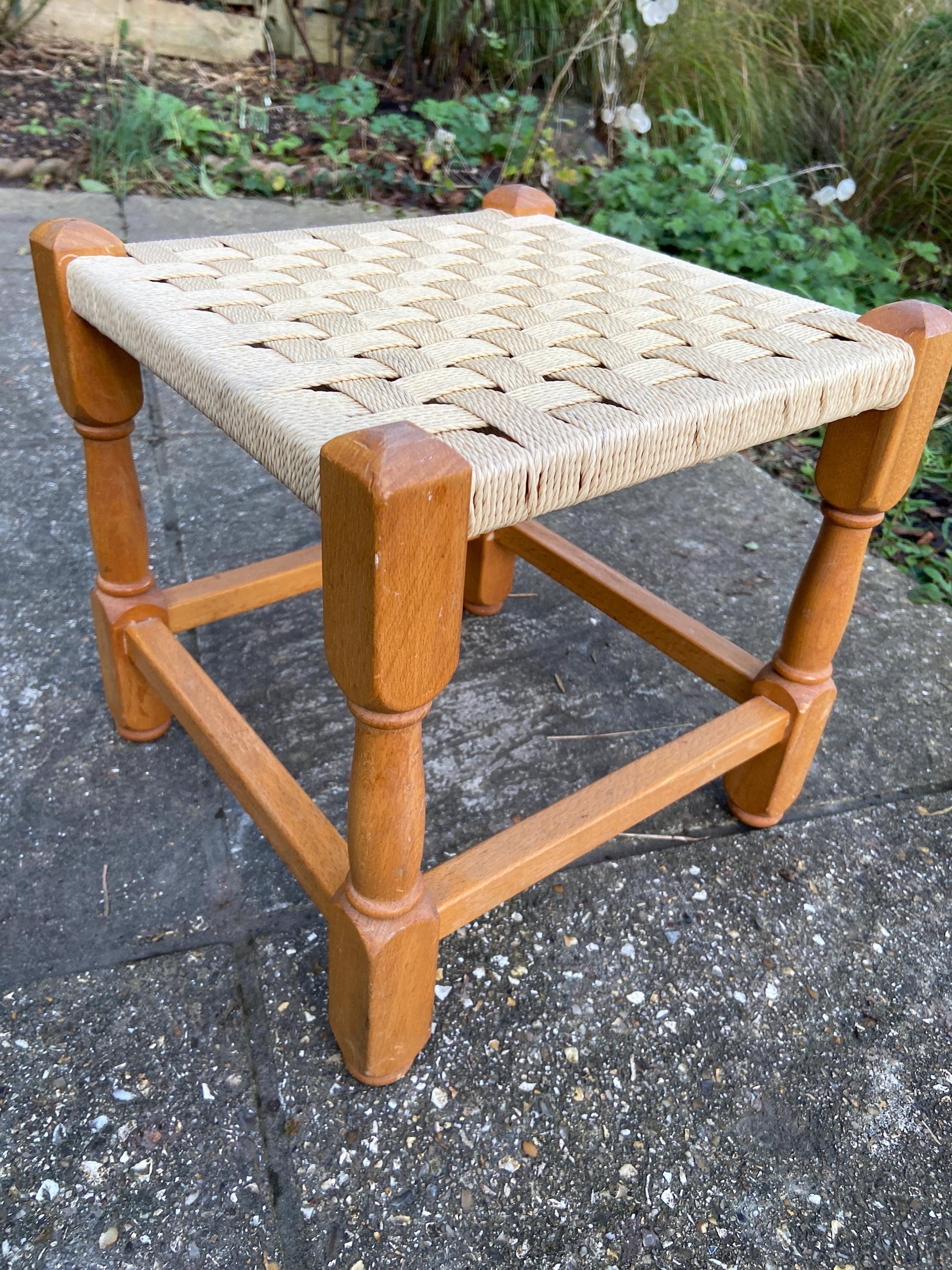 Vintage woven cream string stool on light brown frame – VGC - 29cm square