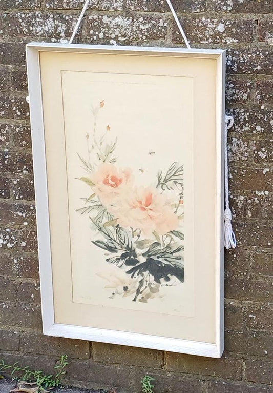 large Chinese art framed; retro Chinese art; 1959 lithograph by Cheng wu Fei; Peony print printed by Frost & Reed