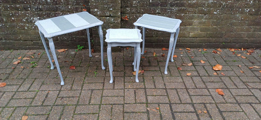 Superb Set of 3 Upcycled Occasional Coffee Tables with Glass Tops | Elegant Grey Hues. Break Up and Use About The House