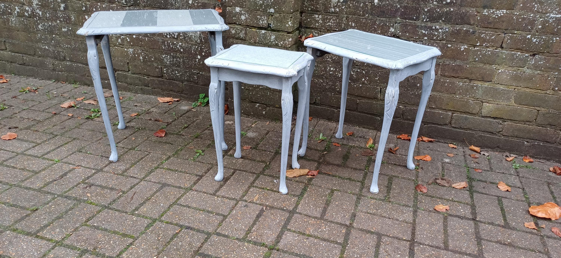 Superb Set of 3 Upcycled Occasional Coffee Tables with Glass Tops | Elegant Grey Hues. Break Up and Use About The House