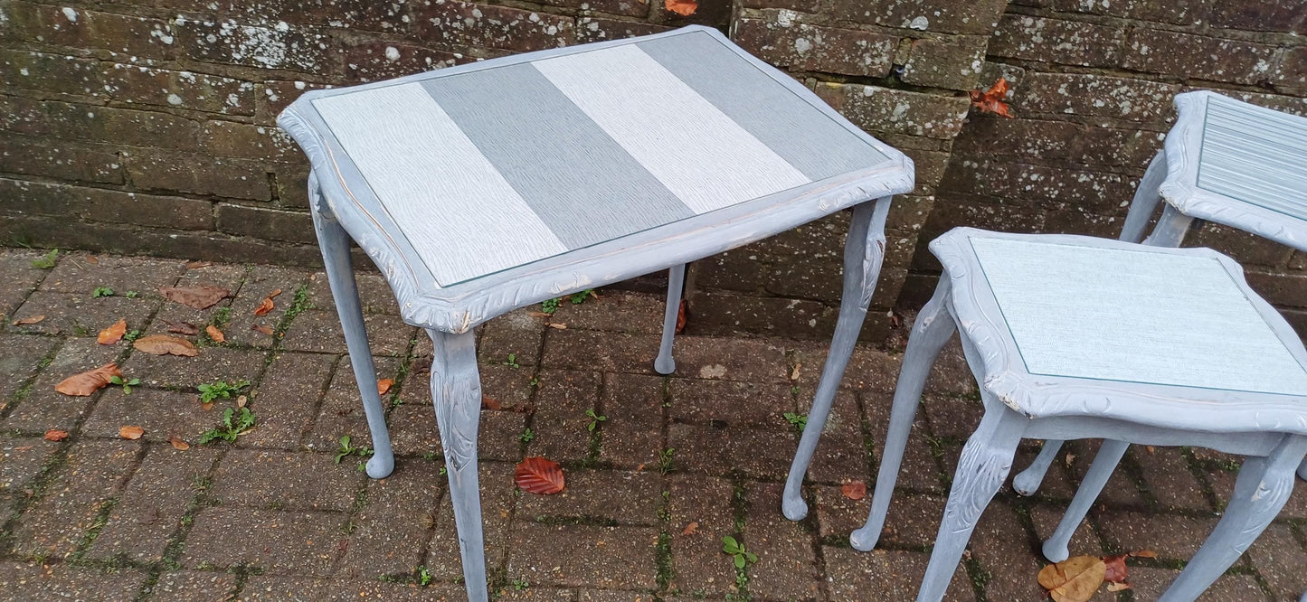 Superb Set of 3 Upcycled Occasional Coffee Tables with Glass Tops | Elegant Grey Hues. Break Up and Use About The House
