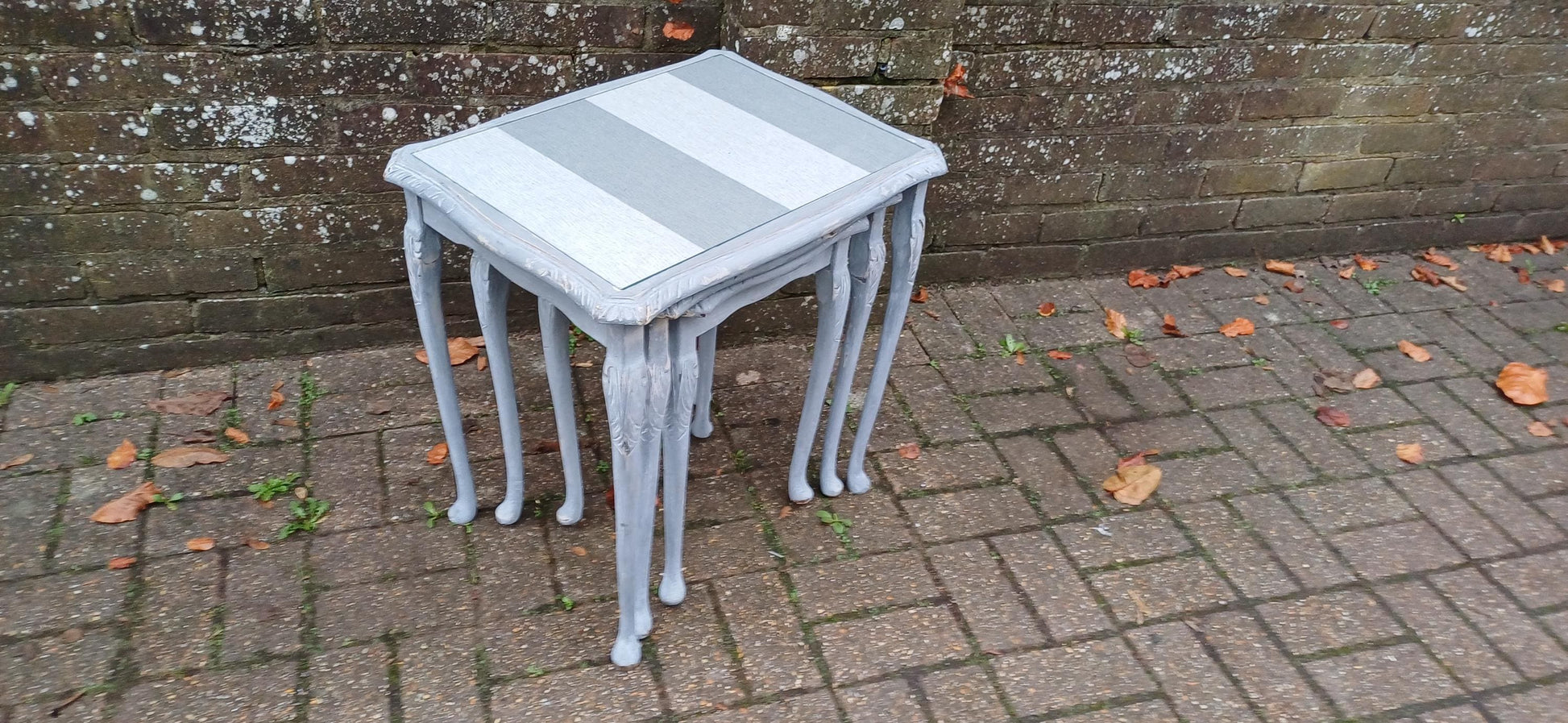 Superb Set of 3 Upcycled Occasional Coffee Tables with Glass Tops | Elegant Grey Hues. Break Up and Use About The House