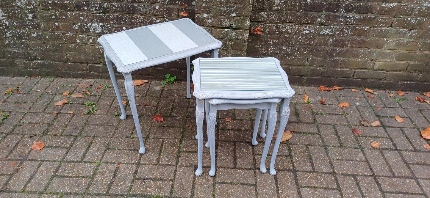 Superb Set of 3 Upcycled Occasional Coffee Tables with Glass Tops | Elegant Grey Hues. Break Up and Use About The House