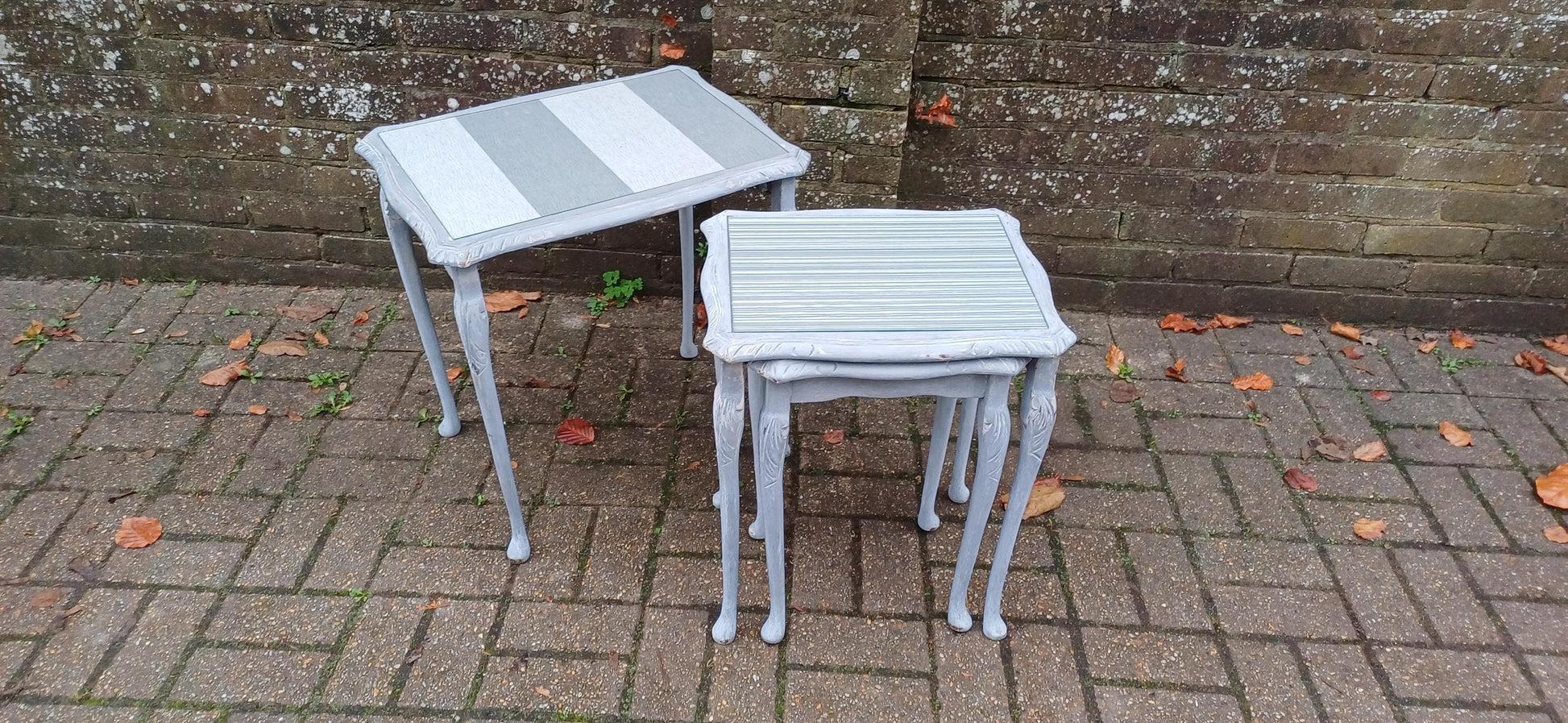 Superb Set of 3 Upcycled Occasional Coffee Tables with Glass Tops | Elegant Grey Hues. Break Up and Use About The House